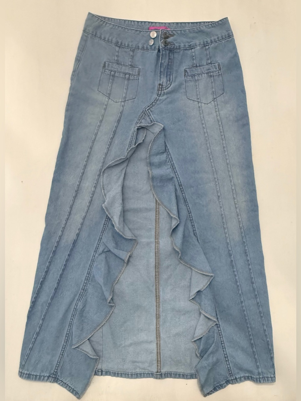 Edikted Valencia Ruffle Slit Denim Maxi Skirt Blue S